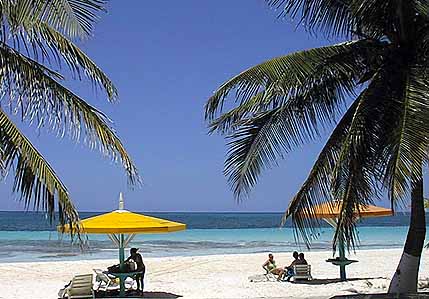 silver sands beach cabanas and coconut trees