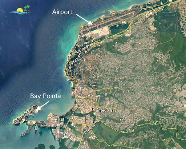 Google Earth view of Montego Bay showing Bay Pointe Apartments in relation to the airport