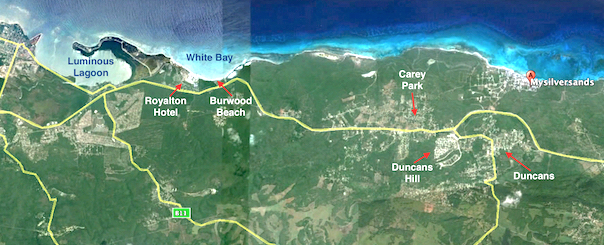 map of trail area - silver sands to carey park in trelawny