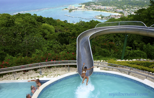 asha hurtling down the water slide at mystic mountain in ocho rios