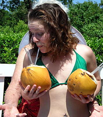 andrea with coconuts at hang time villa silver sands