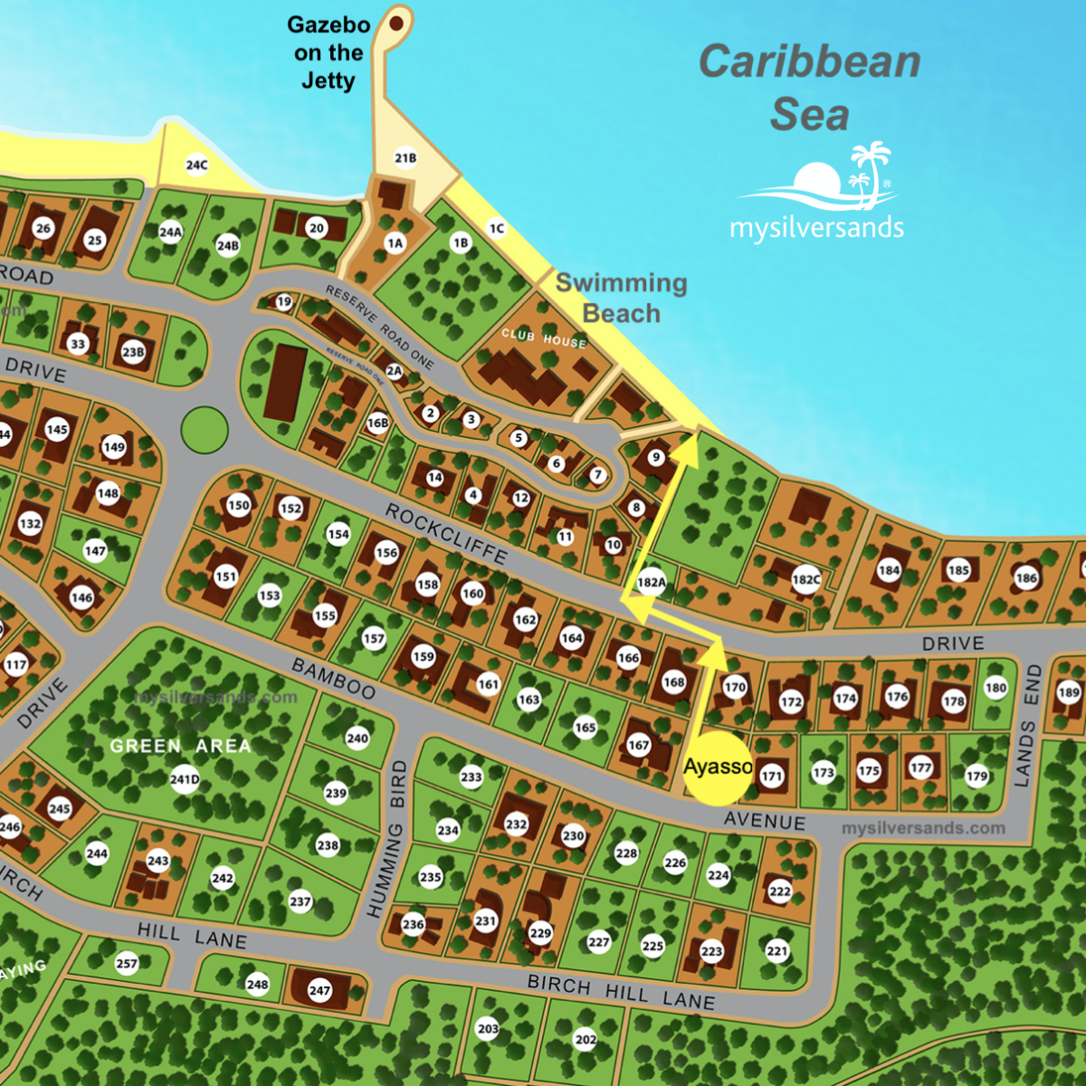 map of silver sands showing ayasso location and how to get to the beach