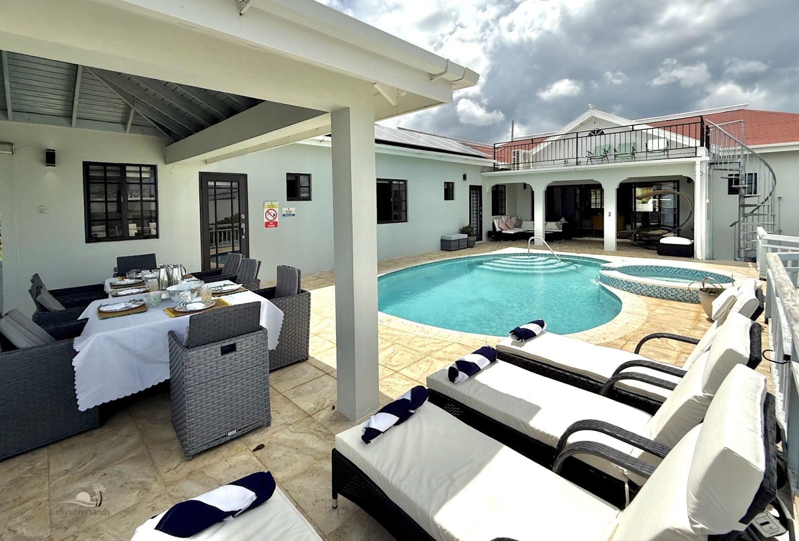 dining and loungers and villa
