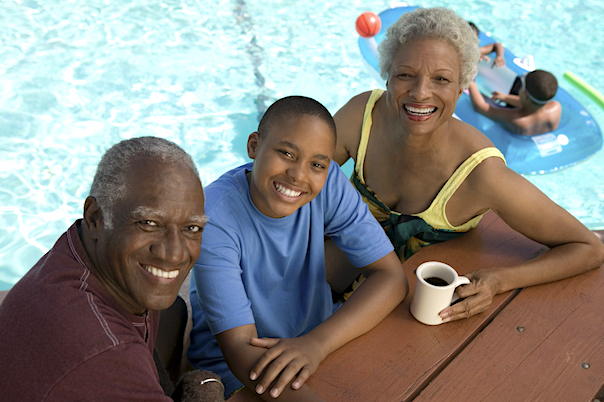 family by pool