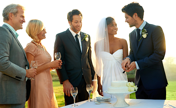 wedding party with cake on lawn