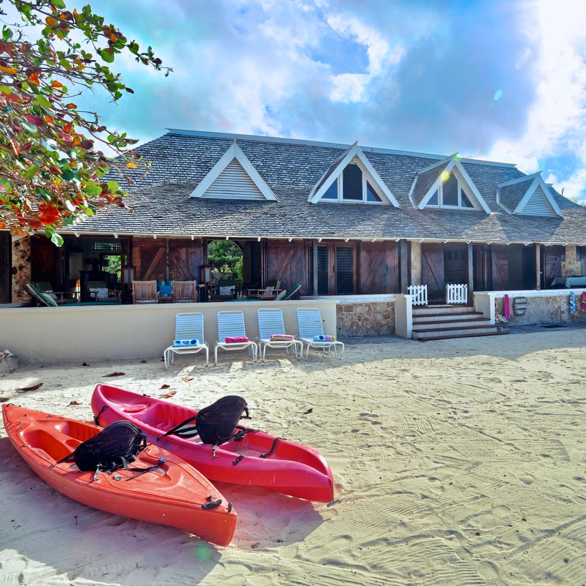 kayaks on the beach at rum jetty