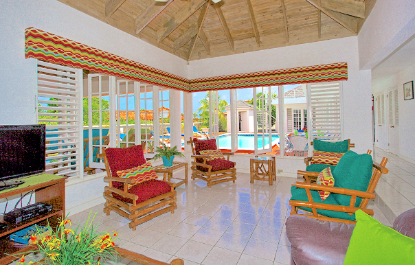 living room with view of the pool