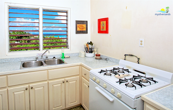kitchen with view of silver sands beach