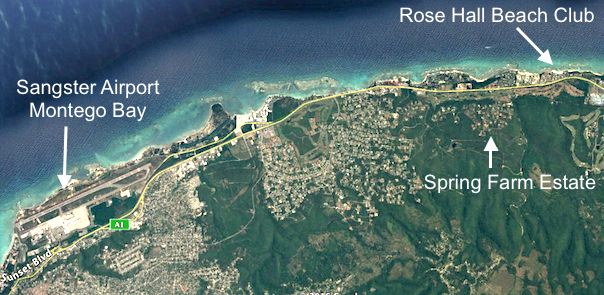 Google Earth view from Sangster Airport to Rose Hall Beach Club