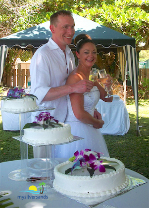 bride and groom with wedding cake and toasting