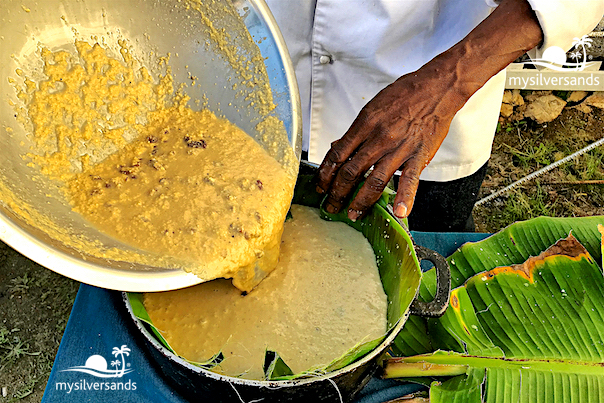 pour mixture into banana leaf lined dutchie pot