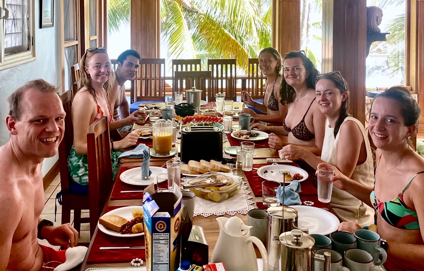 Breakfast laid out by your cook—everyone eats together, no chores.