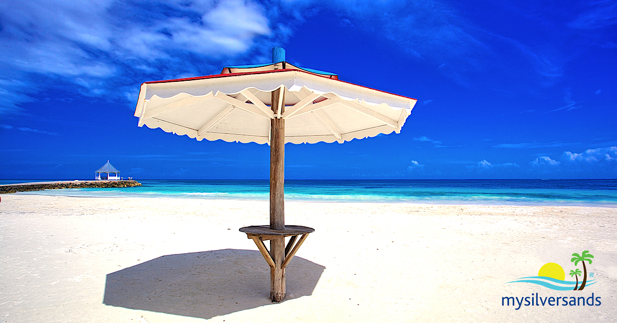 silver sands beach with cabana and gazebo on the jetty