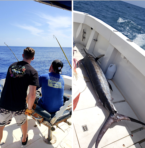 two men in fishing boat and catch