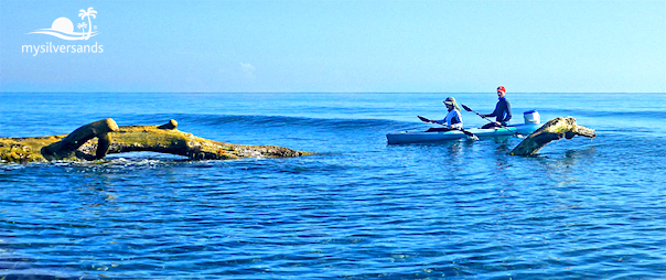 lea and randy in kayak beside a log