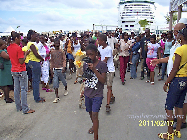 dressed up donkey entertaining crowd on cruise ship day falmouth